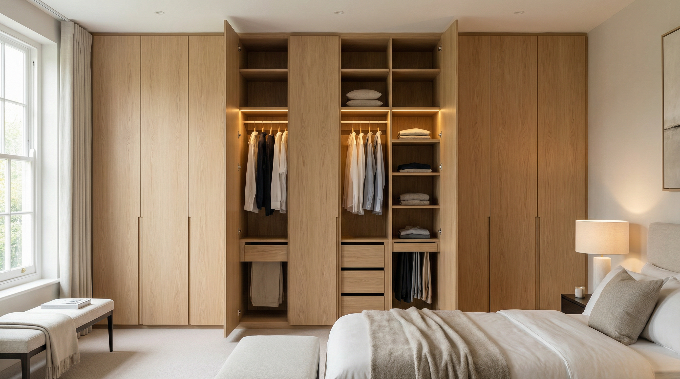 Luxury fitted wardrobe installation in contemporary bedroom
