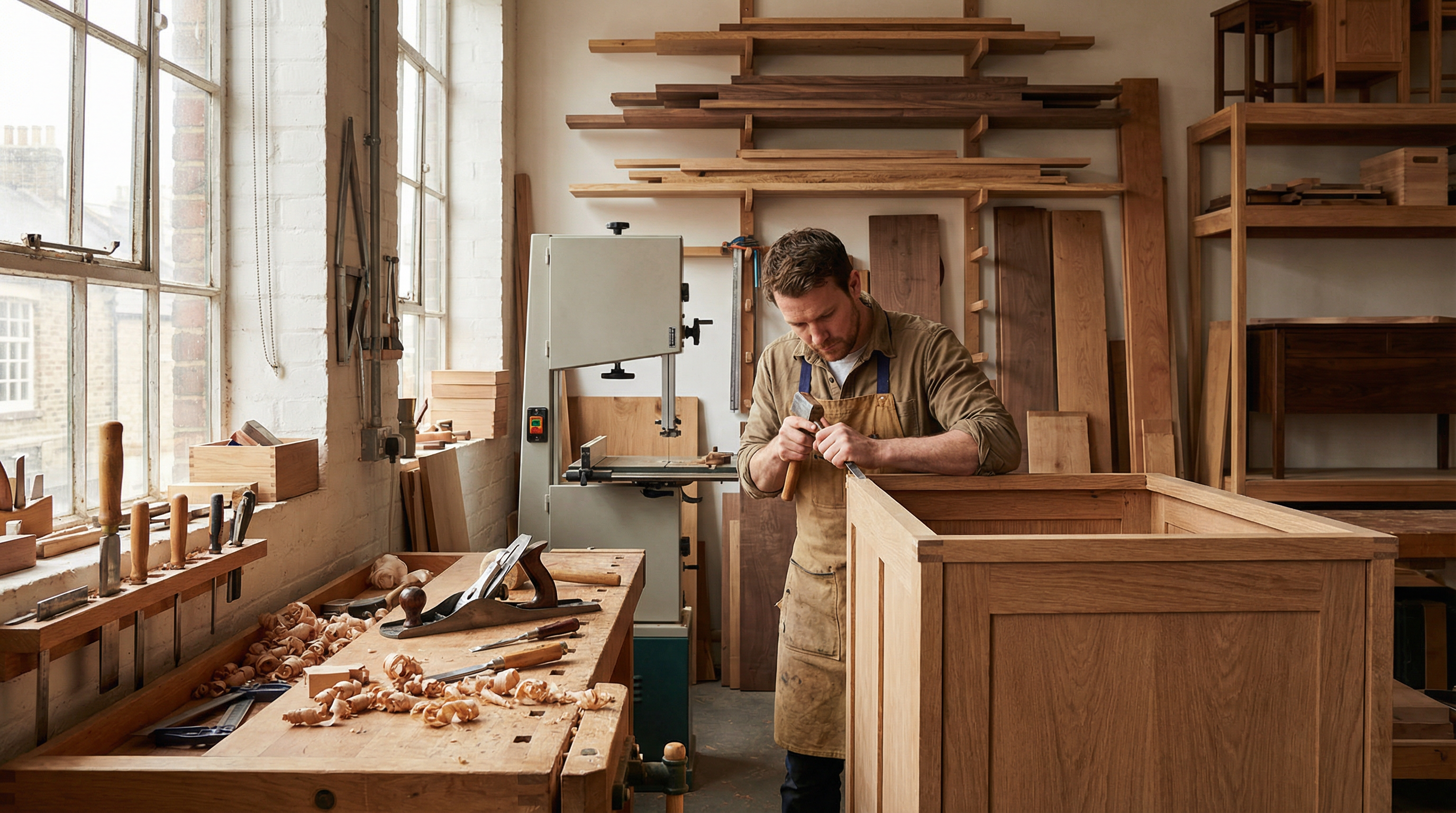 Professional joinery workshop with wooden staircase components